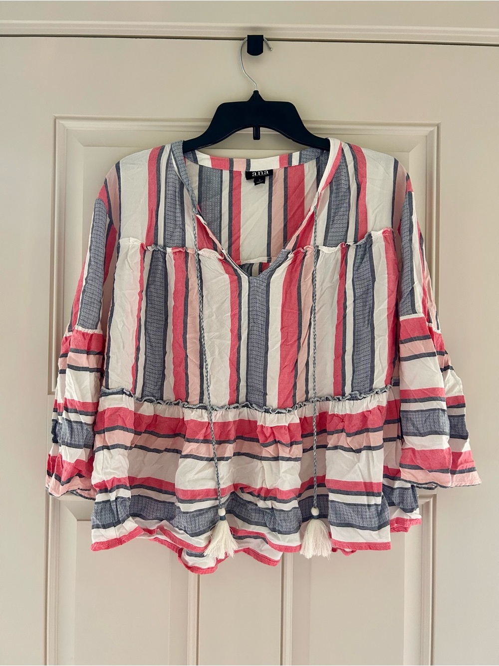 a.n.a Striped Tassel Peasant Top in Pink, Blue and White
